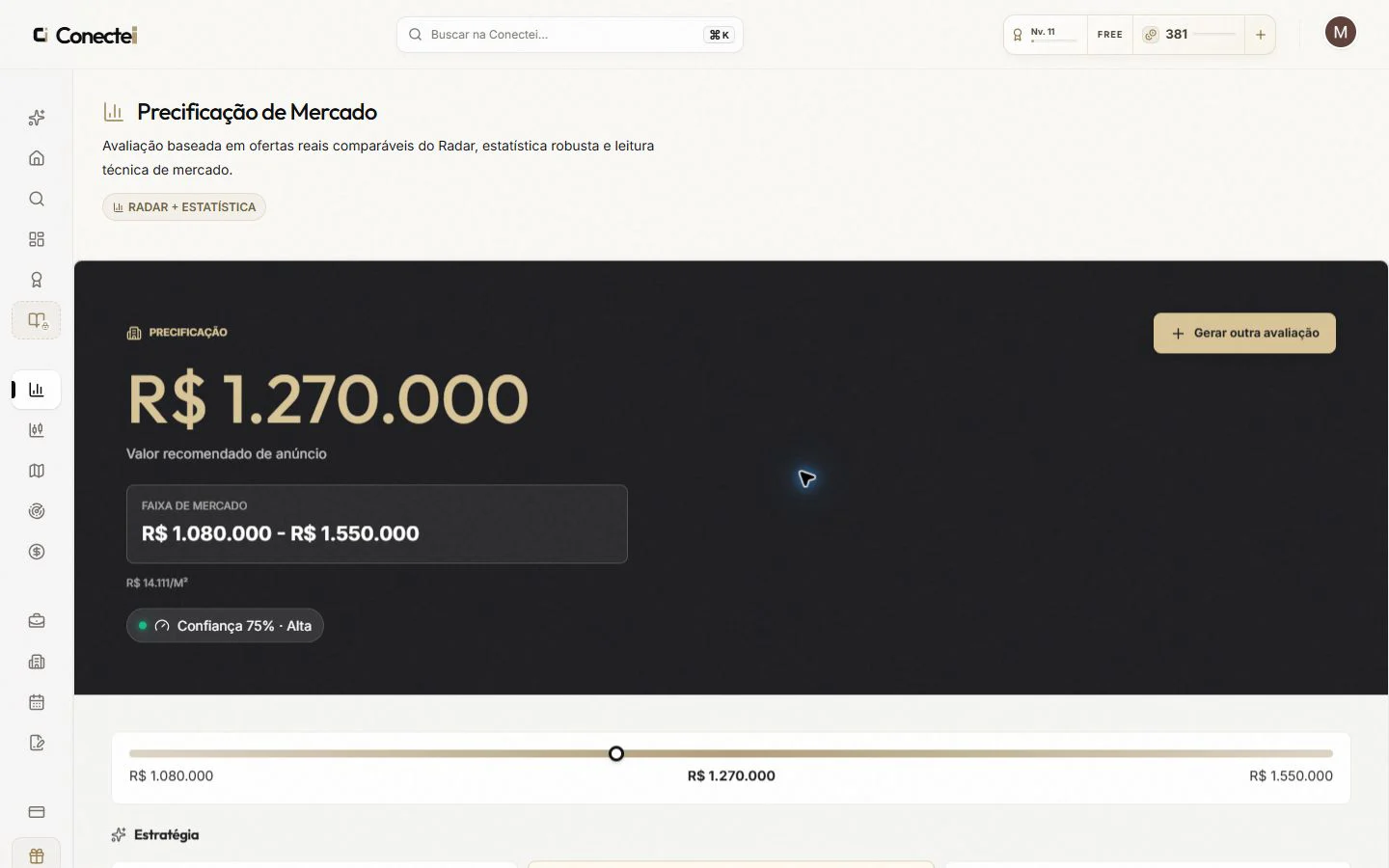 Relatório concluído de precificação da Conectei, com valor recomendado, faixa de mercado, preço por metro quadrado, confiança e estratégias de posicionamento.